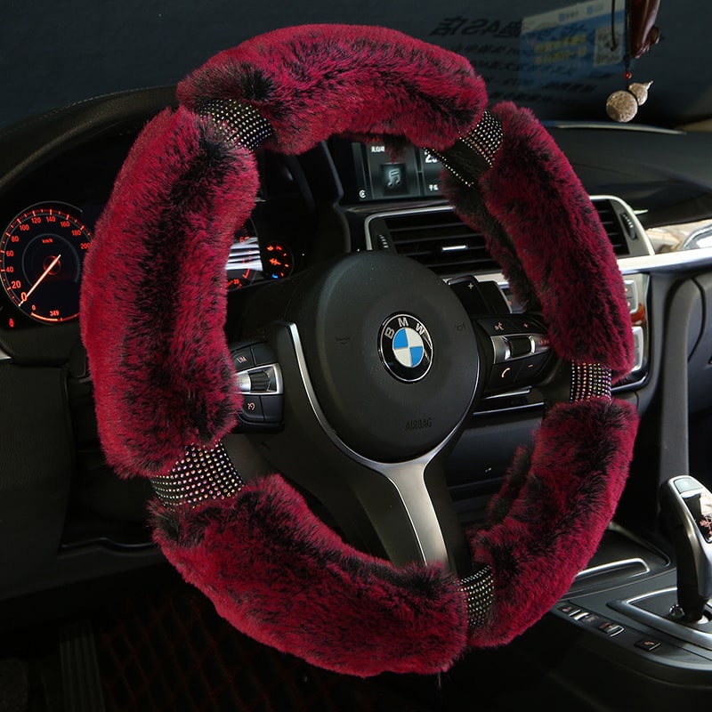 Steering Wheel Cover for Car with Plush Faux Fur and Rhinestone Accents - Image 5