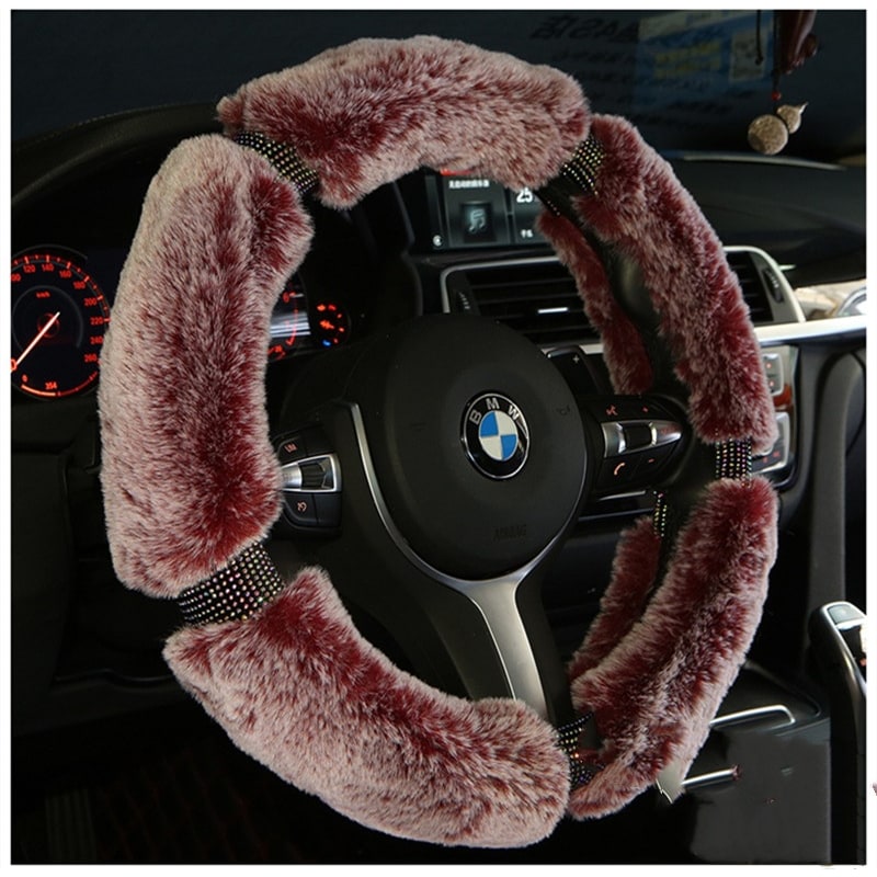 Steering Wheel Cover for Car with Plush Faux Fur and Rhinestone Embellished Design - Image 6