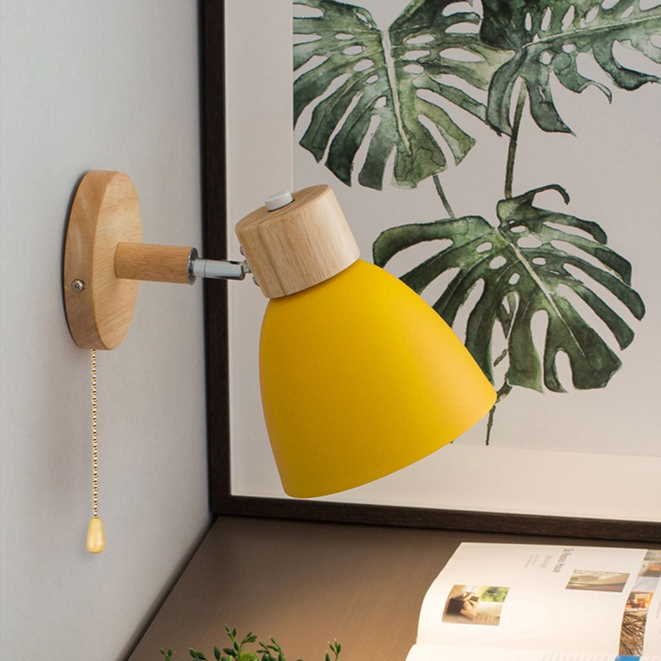 Swivel Arm Wall Sconce Bedside Reading Light Adjustable Wood Metal Conical - Image 1