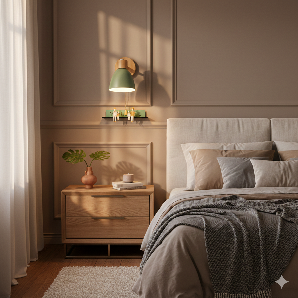 Swivel Arm Wall Sconce Bedside Reading Light Adjustable Wood Metal Conical - Image 16