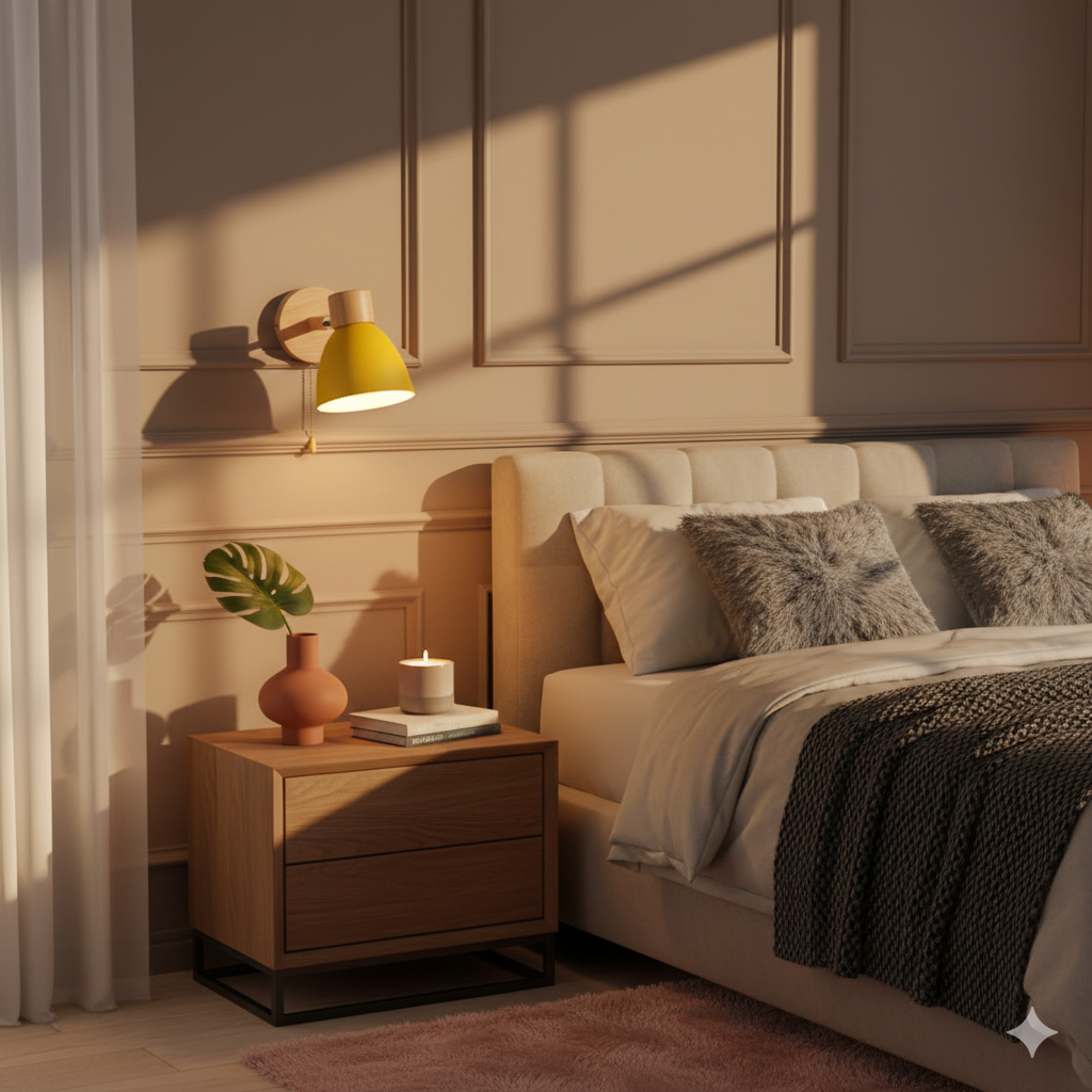 Swivel Arm Wall Sconce Bedside Reading Light Adjustable Wood Metal Conical - Image 22