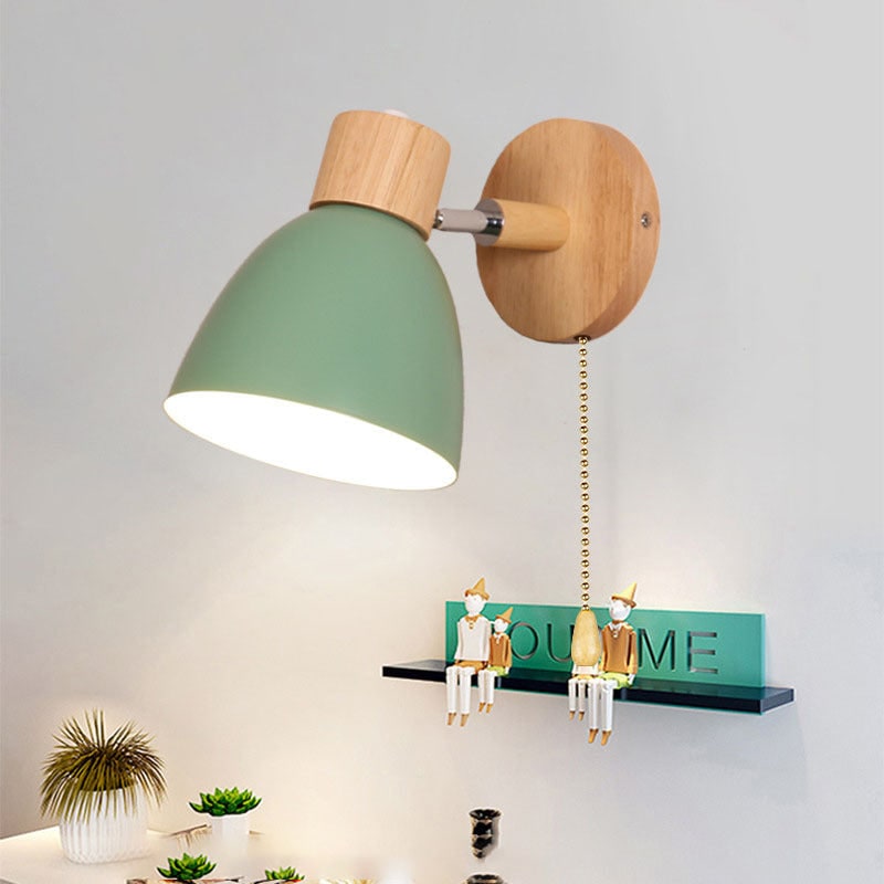Swivel Arm Wall Sconce Bedside Reading Light Adjustable Wood Metal Conical - Image 3
