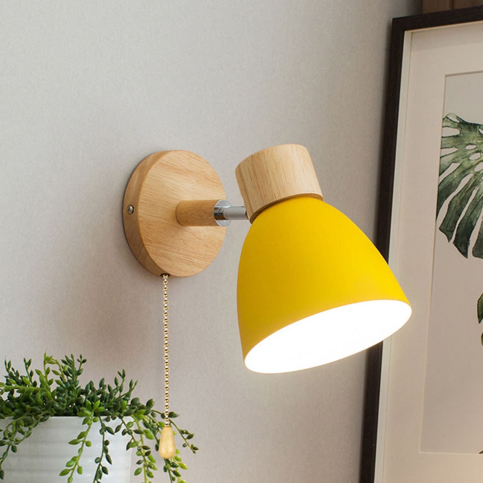 Swivel Arm Wall Sconce Bedside Reading Light Adjustable Wood Metal Conical - Image 4