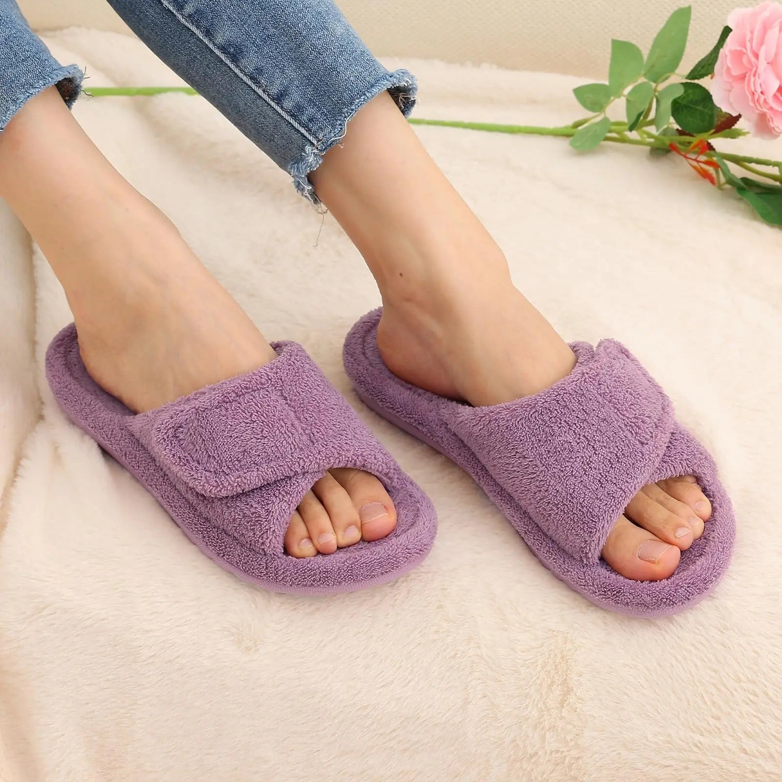 Terry Cloth Slippers with Arch Support and Open Toe Design for Indoor Wear - Image 2