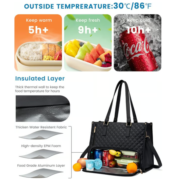 Thermal Lunch Laptop Bag Quilted Tote Water Resistant Insulated Padded Crossbody - Image 2