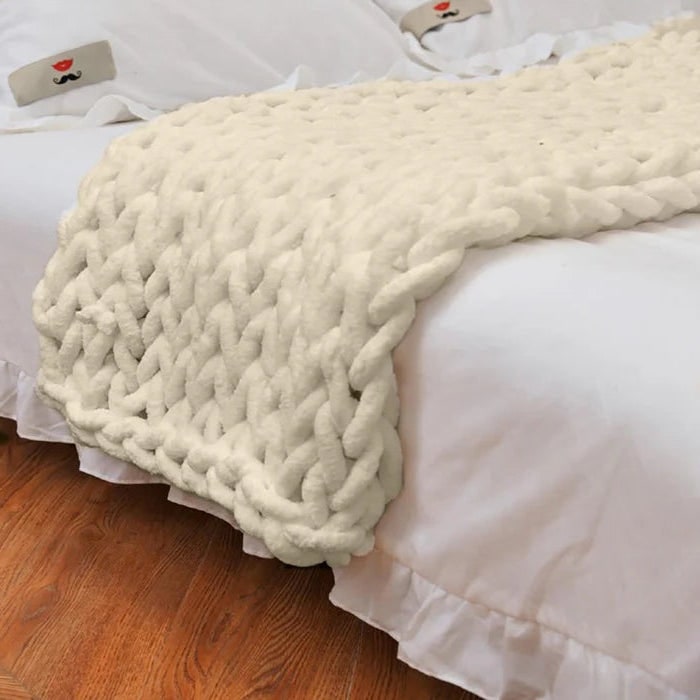 Throw Blanket Chunky Knit Hand with Thick Chenille Yarn and Cable Texture - Image 1