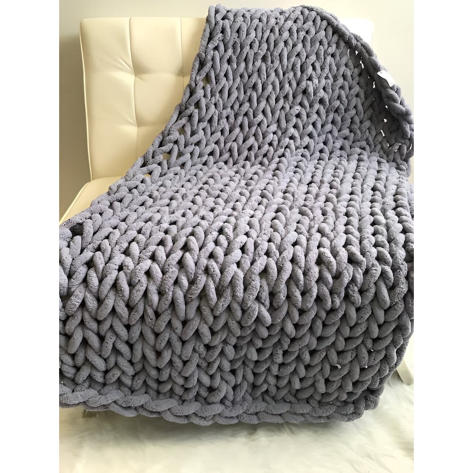 Throw Blanket Chunky Knit Hand with Thick Chenille Yarn and Cable Texture - Image 4