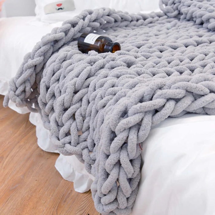 Throw Blanket Chunky Knit Hand with Thick Chenille Yarn and Cable Texture - Image 6