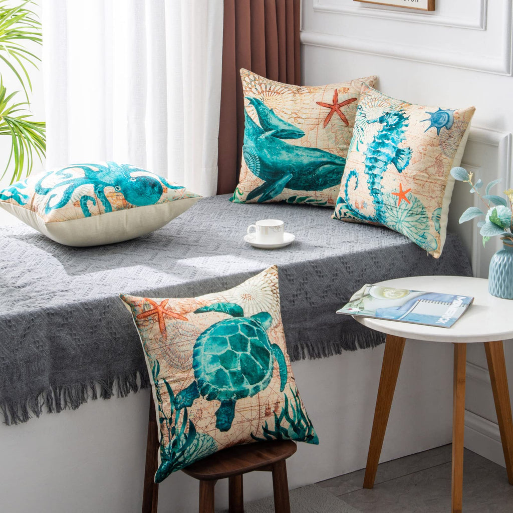 Throw Pillow Covers and Couch Cushion with Marine Life Print Square Decorative for Sofa - Image 1