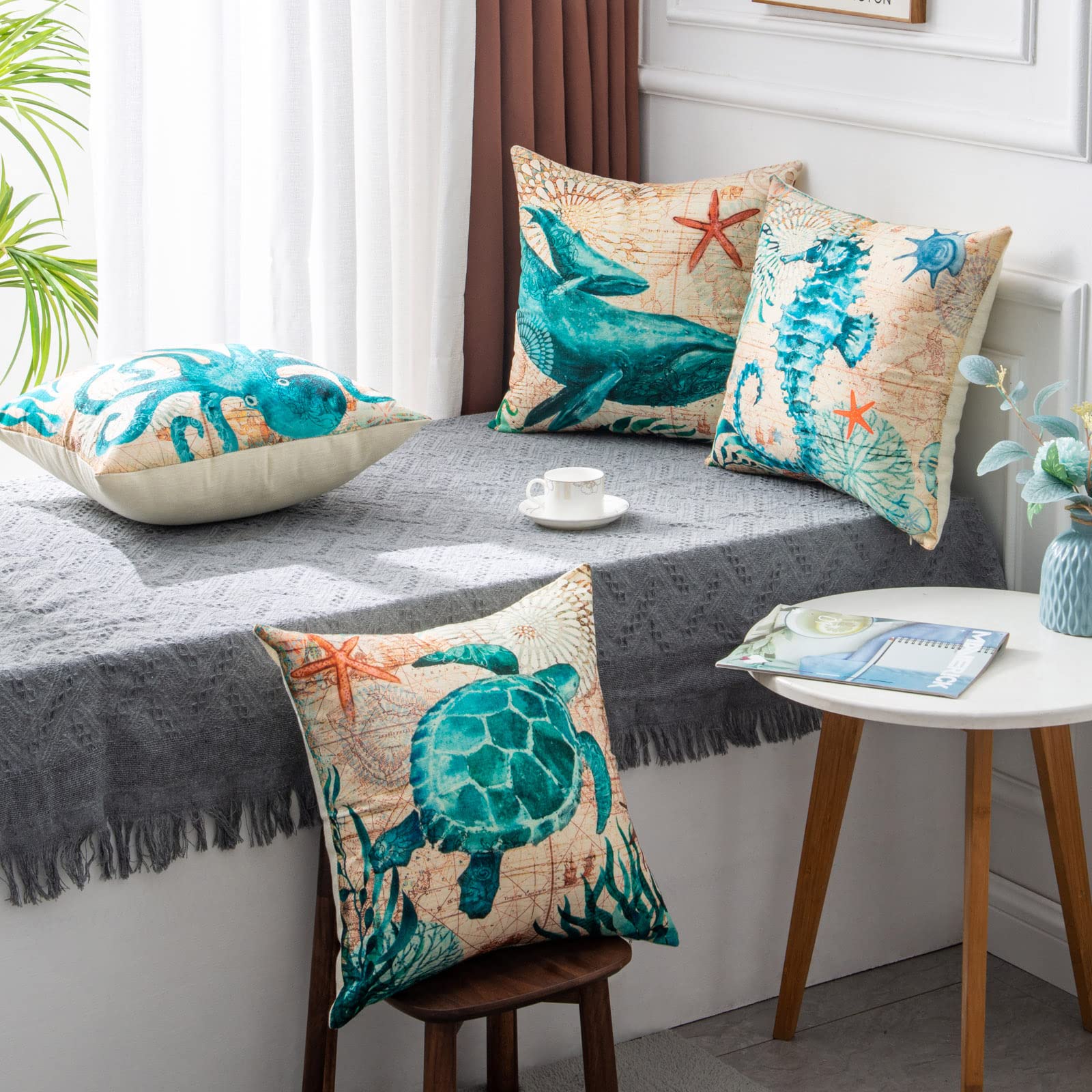 Throw Pillow Covers and Couch Cushion with Marine Life Print Square Decorative for Sofa - Image 1