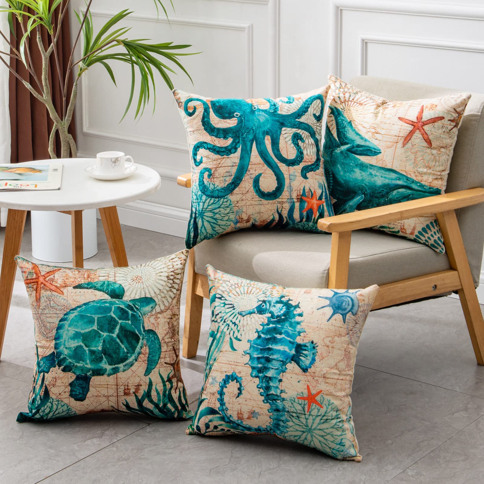 Throw Pillow Covers and Couch Cushion with Marine Life Print Square Decorative for Sofa - Image 2