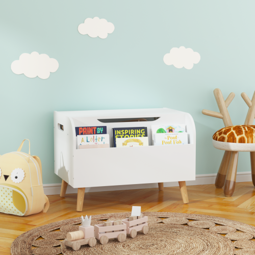 Toy Box Storage Organizer Chest with Front Book Display Shelf and Wooden Legs Bins - Image 1