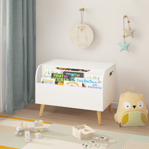 Toy Box Storage Organizer Chest with Front Book Display Shelf and Wooden Legs Bins - Image 11