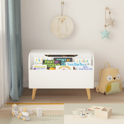 Toy Box Storage Organizer Chest with Front Book Display Shelf and Wooden Legs Bins - Image 3