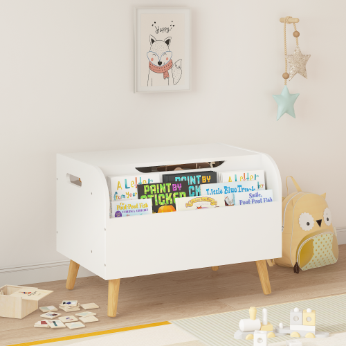 Toy Box Storage Organizer Chest with Front Book Display Shelf and Wooden Legs Bins - Image 5