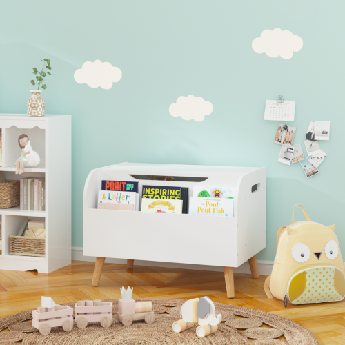 Toy Box Storage Organizer Chest with Front Book Display Shelf and Wooden Legs Bins - Image 7