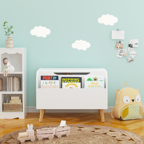 Toy Box Storage Organizer Chest with Front Book Display Shelf and Wooden Legs Bins - Image 8