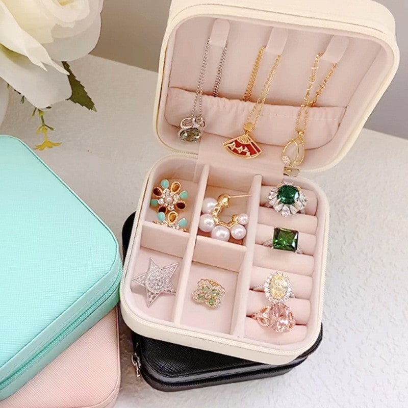 Travel Jewelry Box Organizer Case with Velvet Lining and Padded Ring Rolls Stand Up Armoire - Image 2
