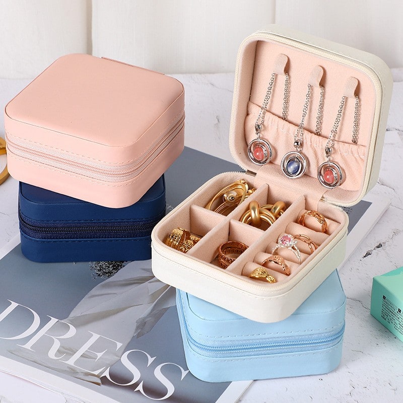 Travel Jewelry Box Organizer Case with Velvet Lining and Padded Ring Rolls Stand Up Armoire - Image 4