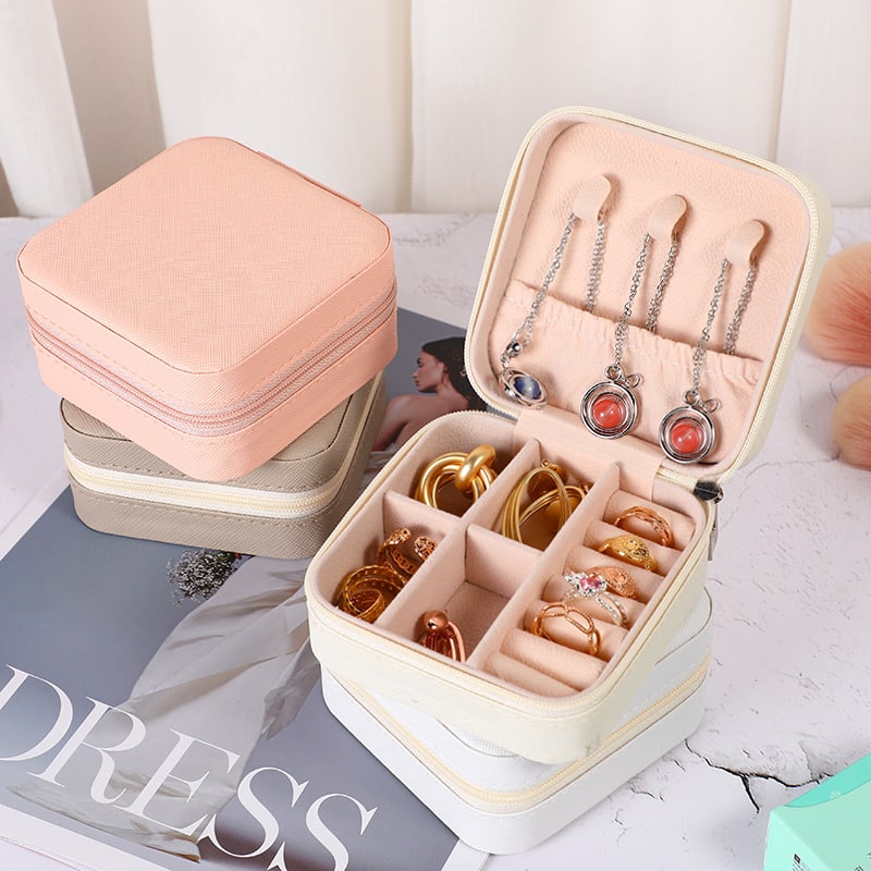 Travel Jewelry Box Organizer Case with Velvet Lining and Padded Ring Rolls Stand Up Armoire - Image 5