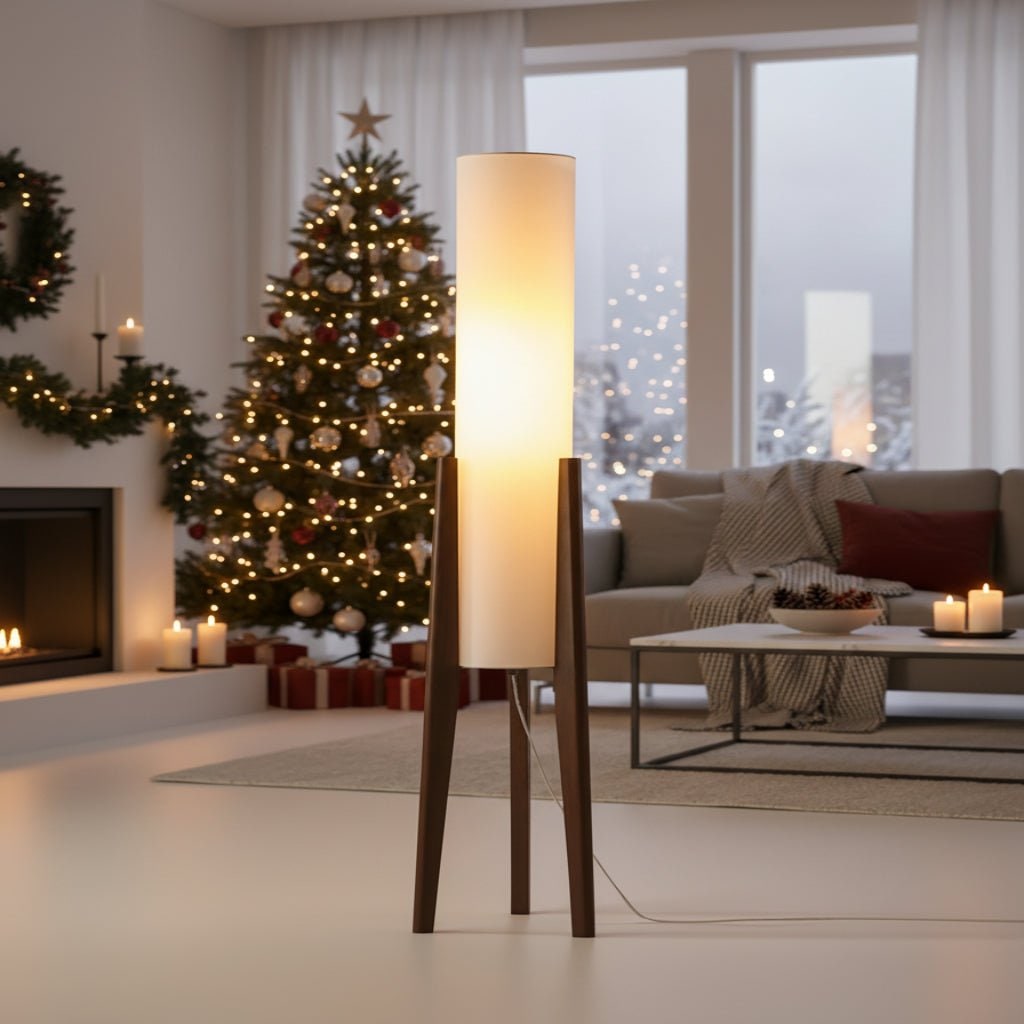 Tripod Floor Lamp Fabric Lampshade Wood Scandinavian Tall Cylindrical White Wooden - Image 1