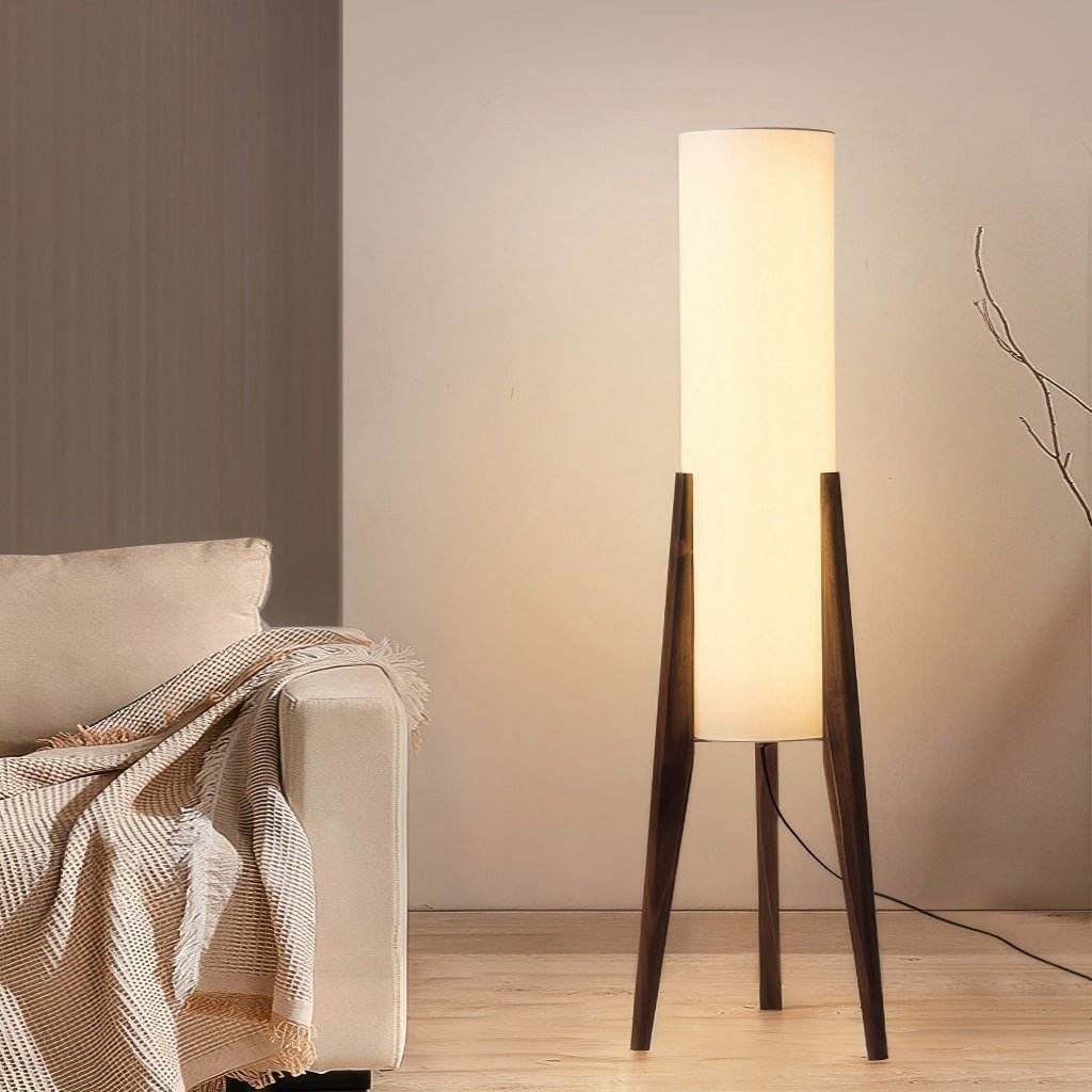 Tripod Floor Lamp Fabric Lampshade Wood Scandinavian Tall Cylindrical White Wooden - Image 2
