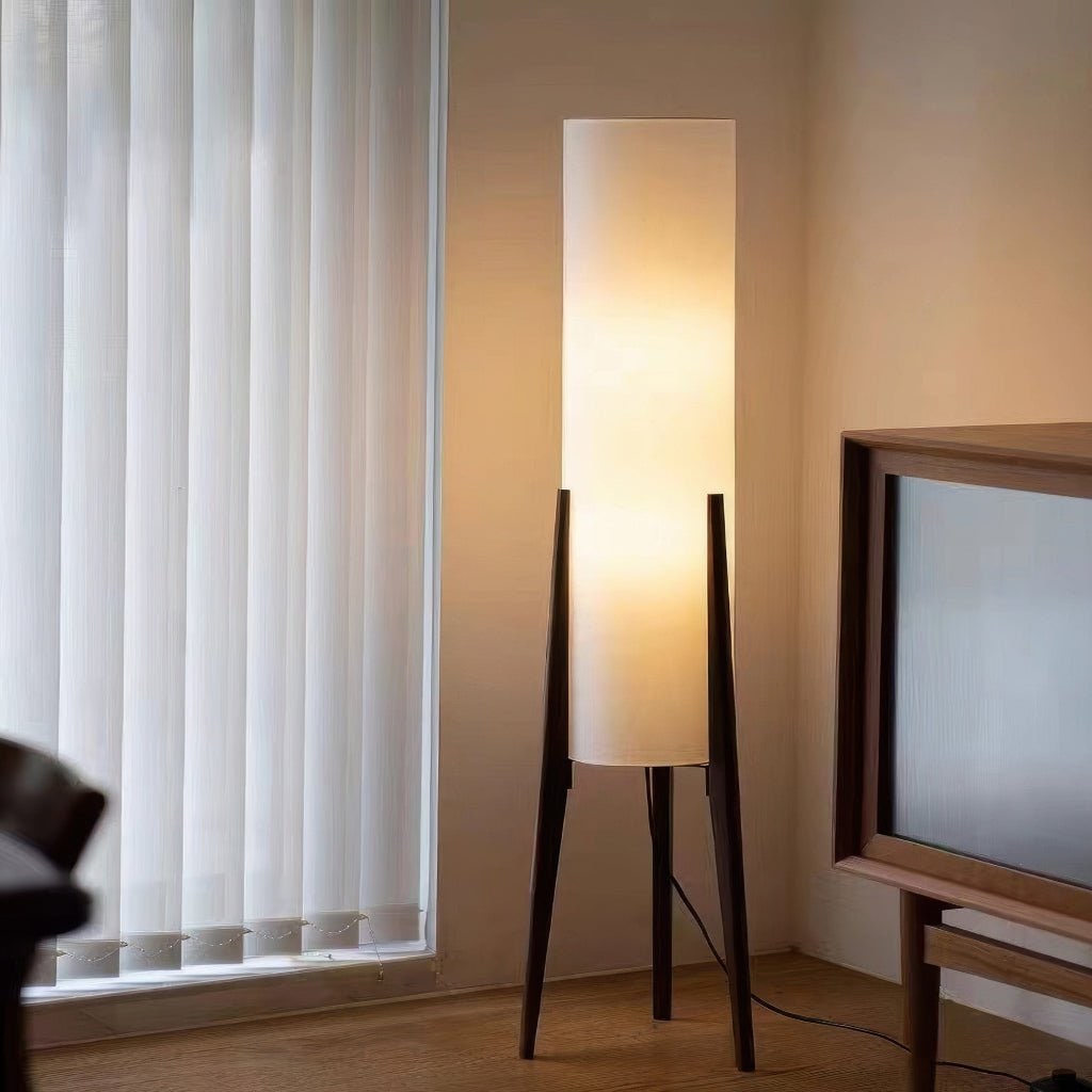Tripod Floor Lamp Fabric Lampshade Wood Scandinavian Tall Cylindrical White Wooden - Image 3