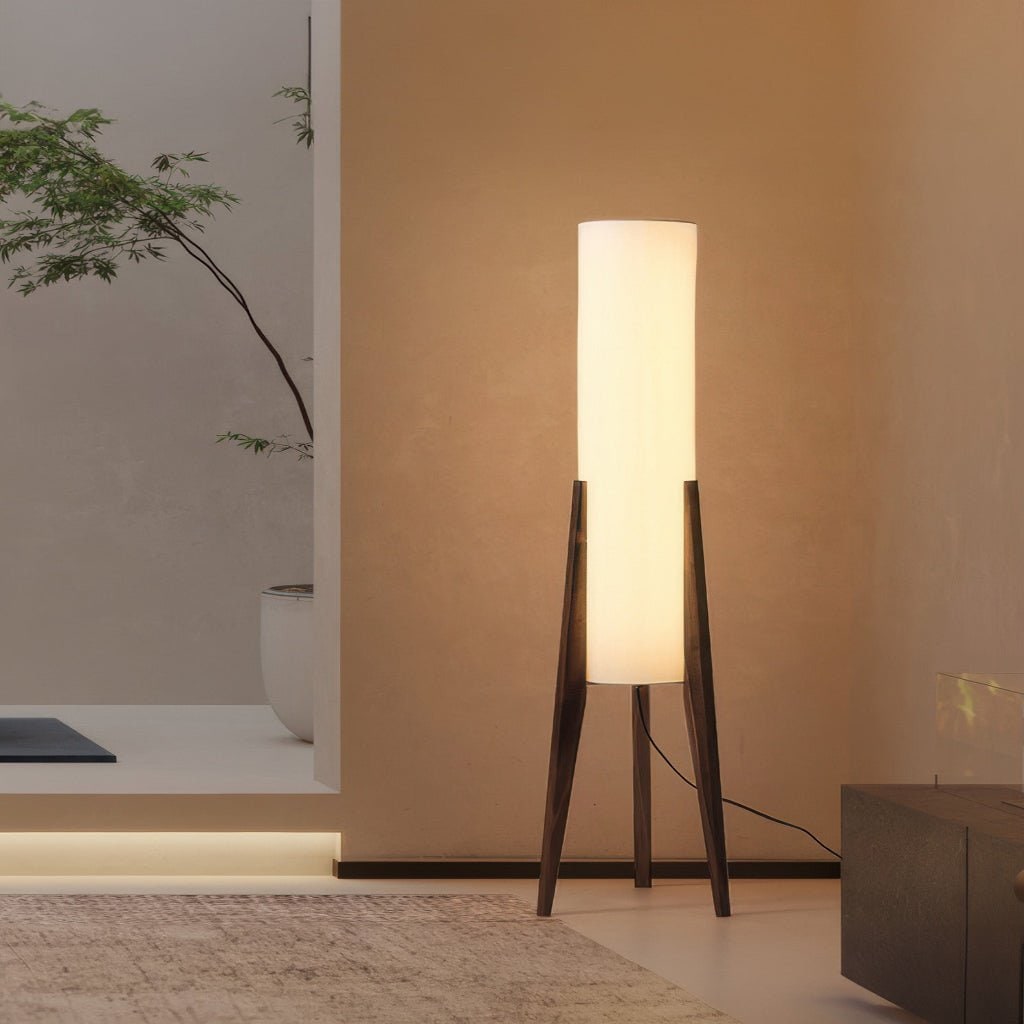 Tripod Floor Lamp Fabric Lampshade Wood Scandinavian Tall Cylindrical White Wooden - Image 4