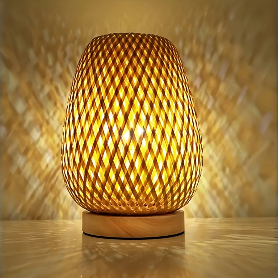 USB Bamboo Table Lamp Bedside Woven Wooden Base Powered - Image 1
