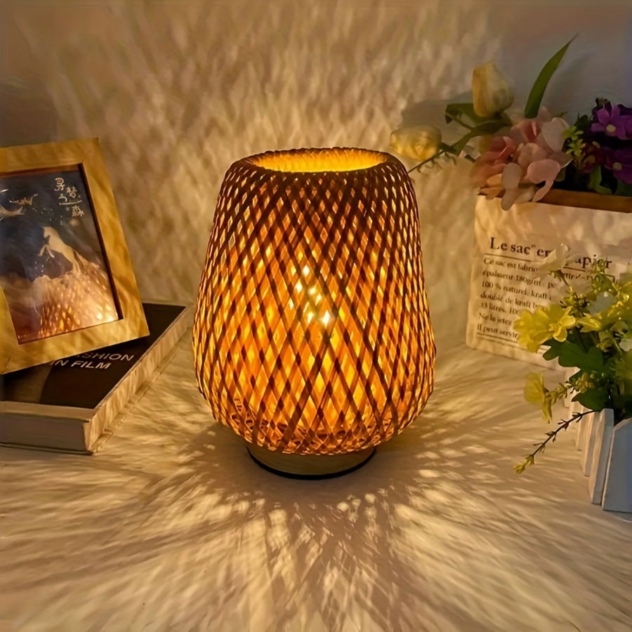 USB Bamboo Table Lamp Bedside Woven Wooden Base Powered - Image 2