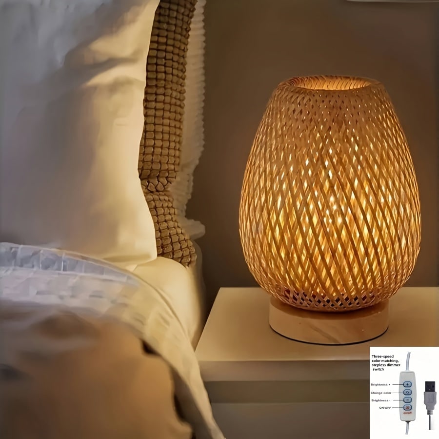 USB Bamboo Table Lamp Bedside Woven Wooden Base Powered - Image 3