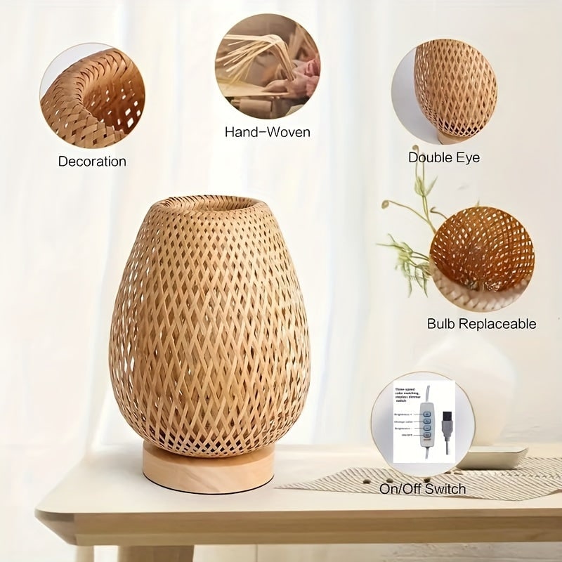 USB Bamboo Table Lamp Bedside Woven Wooden Base Powered - Image 4