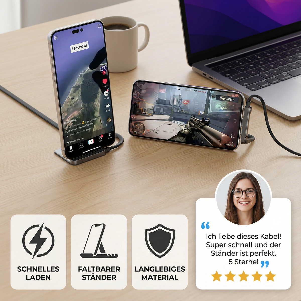 Usb-C to Cable with Integrated Folding Phone Stand and Braided Nylon Jacket - Image 3