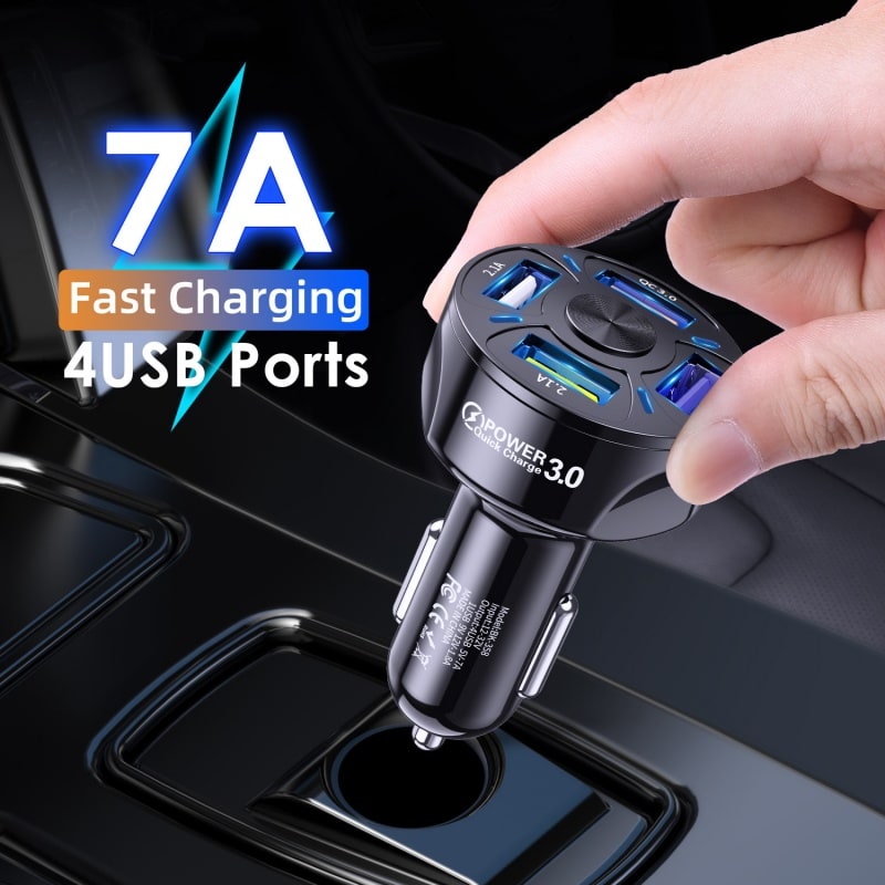USB Car Phone Charger with Four Ports Qc 3.0 Fast Charge and Dashboard Mat Usbc - Image 2