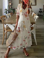 Women’s Bohemian Maxi Dress with V-Neck and Short Sleeves – Lightweight Summer Dress for Holidays, Casual Wear and Everyday Style