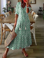 Women’s Bohemian Maxi Dress with V-Neck and Short Sleeves – Lightweight Summer Dress for Holidays, Casual Wear and Everyday Style
