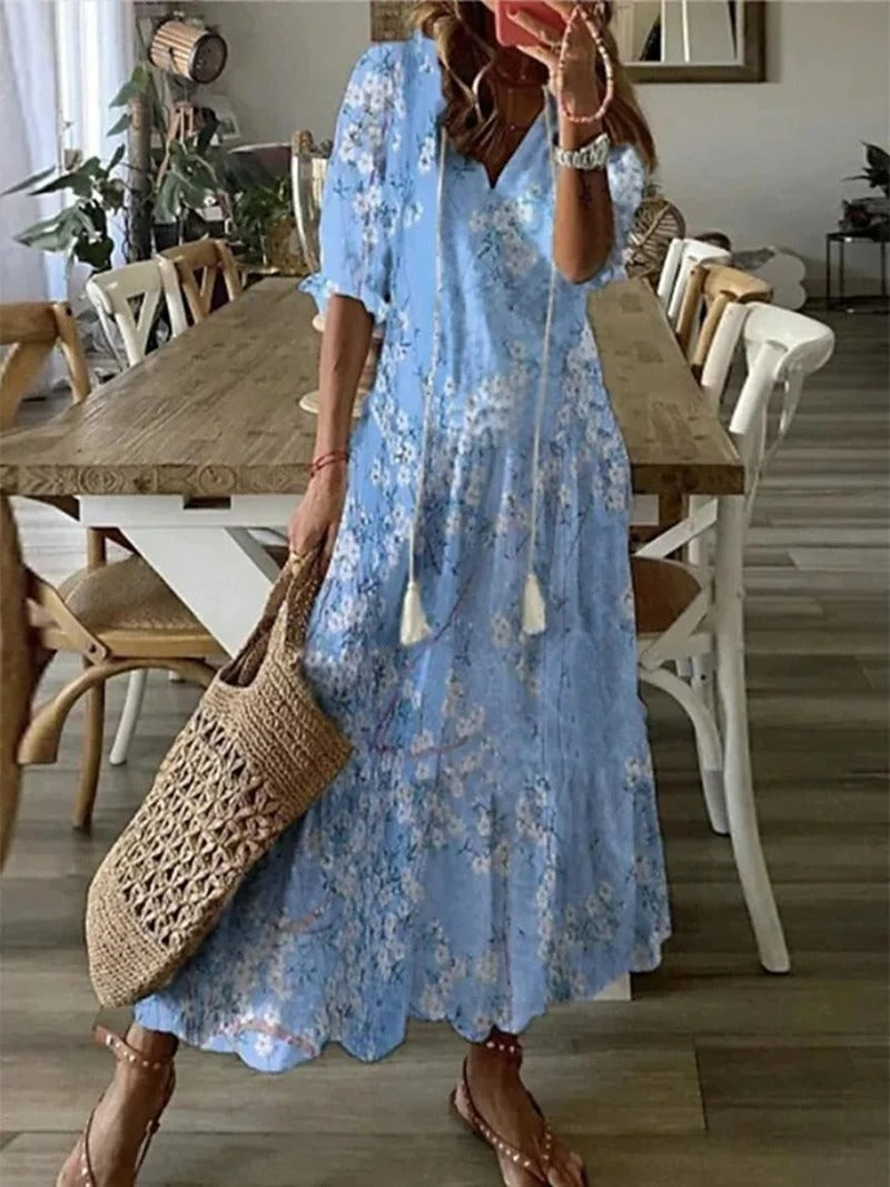 Women’s Bohemian Maxi Dress with V-Neck and Short Sleeves – Lightweight Summer Dress for Holidays, Casual Wear and Everyday Style