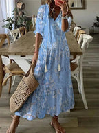 Women’s Bohemian Maxi Dress with V-Neck and Short Sleeves – Lightweight Summer Dress for Holidays, Casual Wear and Everyday Style