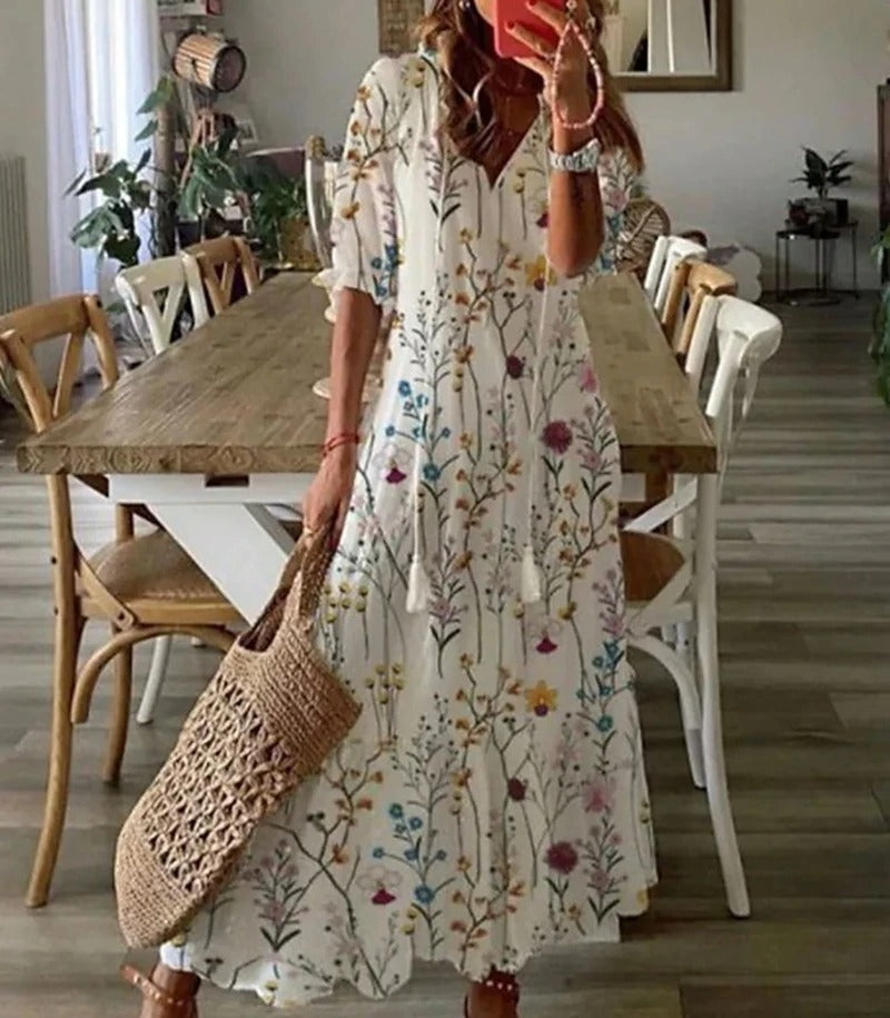 Women’s Bohemian Maxi Dress with V-Neck and Short Sleeves – Lightweight Summer Dress for Holidays, Casual Wear and Everyday Style