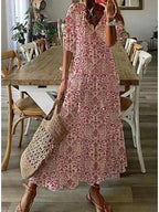 Women’s Bohemian Maxi Dress with V-Neck and Short Sleeves – Lightweight Summer Dress for Holidays, Casual Wear and Everyday Style