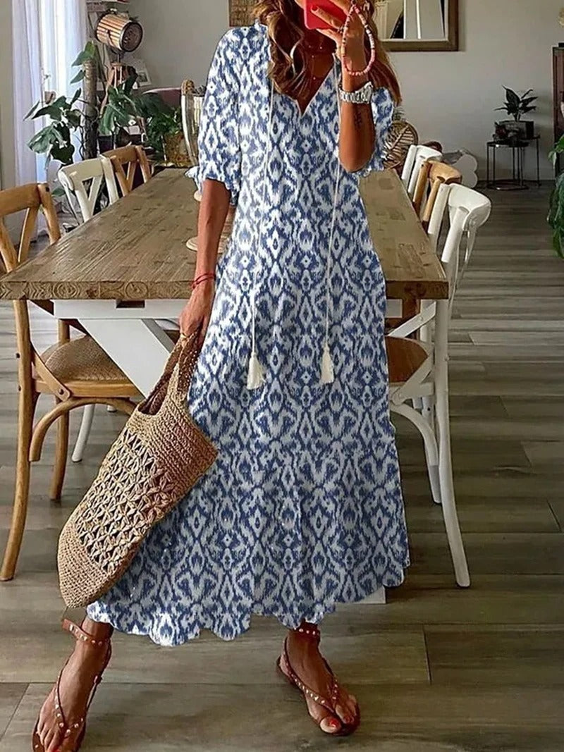 Women’s Bohemian Maxi Dress with V-Neck and Short Sleeves – Lightweight Summer Dress for Holidays, Casual Wear and Everyday Style