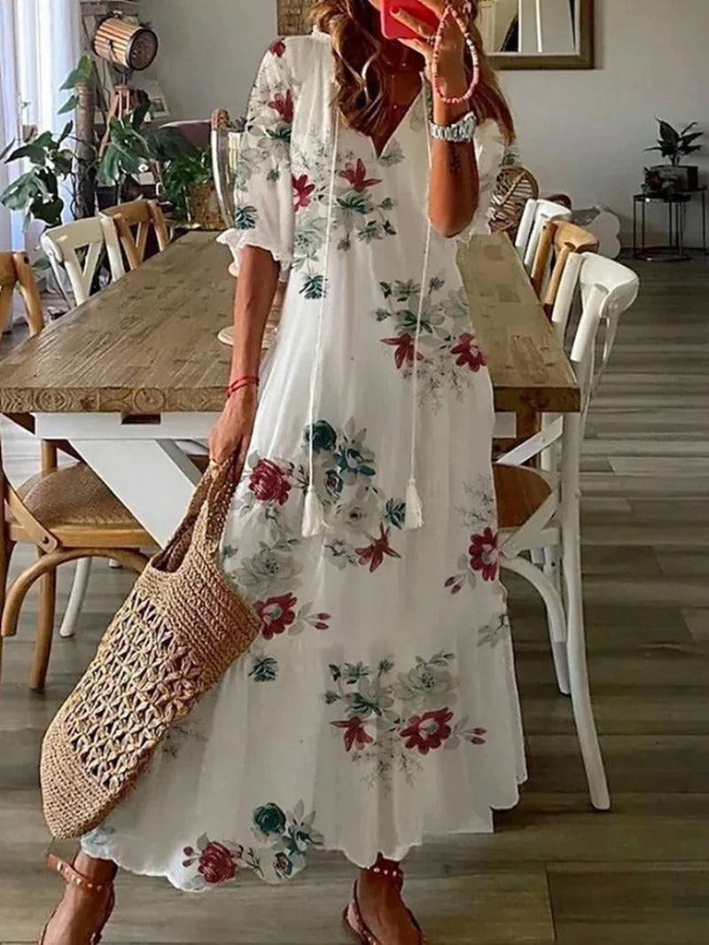 Women’s Bohemian Maxi Dress with V-Neck and Short Sleeves – Lightweight Summer Dress for Holidays, Casual Wear and Everyday Style