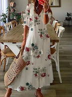 Women’s Bohemian Maxi Dress with V-Neck and Short Sleeves – Lightweight Summer Dress for Holidays, Casual Wear and Everyday Style