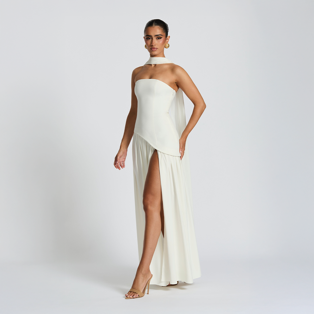 Strapless Asymmetrical Long Dress with High Slit for Women – Elegant Evening Dress for Parties, Events and Special Occasions
