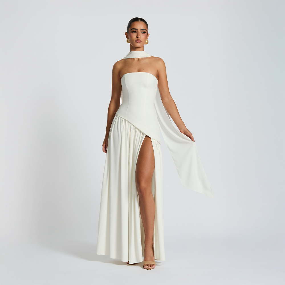 Strapless Asymmetrical Long Dress with High Slit for Women – Elegant Evening Dress for Parties, Events and Special Occasions