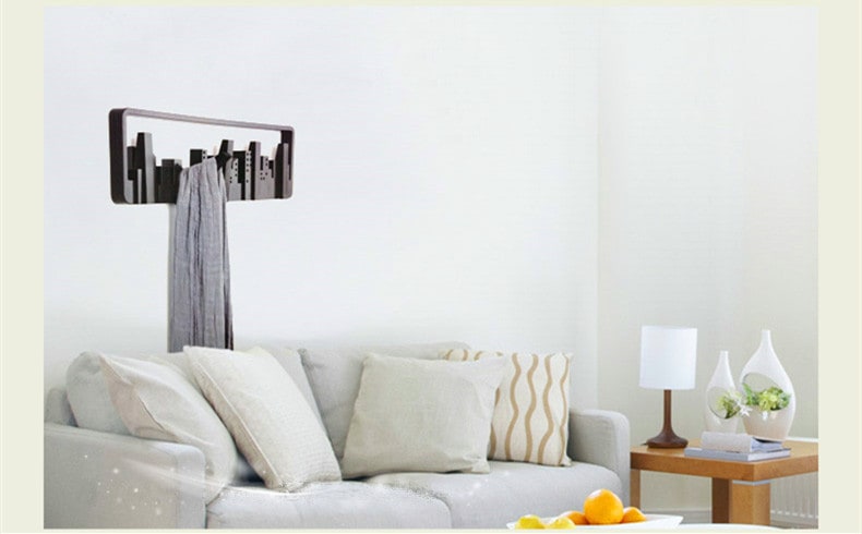 Wall Coat Rack and Hat with 5 Flip-Down Hooks Cityscape Silhouette Mounted Design - Image 2