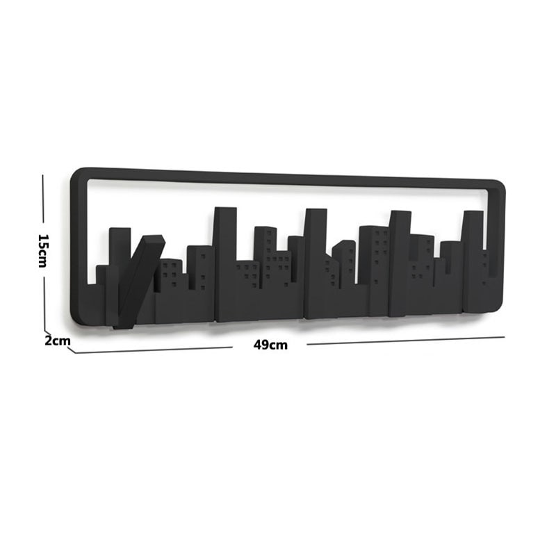 Wall Coat Rack and Hat with 5 Flip-Down Hooks Cityscape Silhouette Mounted Design - Image 3