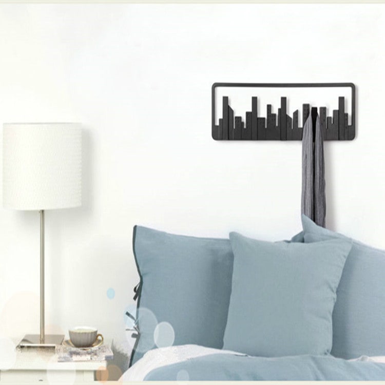 Wall Coat Rack and Hat with 5 Flip-Down Hooks Cityscape Silhouette Mounted Design - Image 5