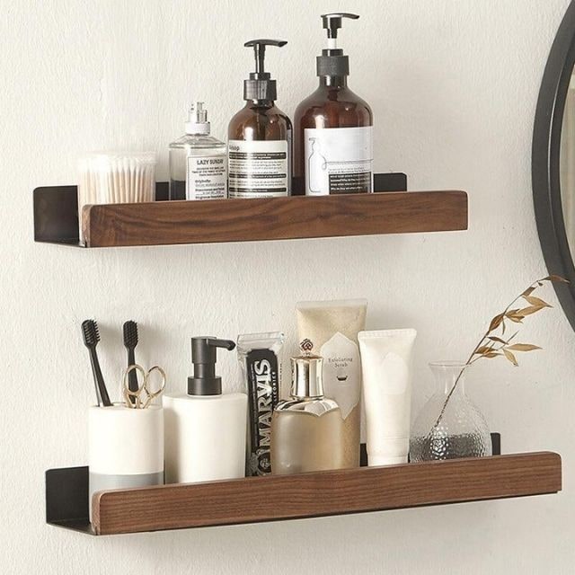 Wall Mounted Floating Shelves with Wooden Rail and Metal Bracket - Image 3