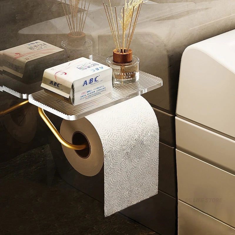 Wall-Mounted Toilet Paper Holder with Integrated Acrylic Shelf and Metal Arm - Image 2